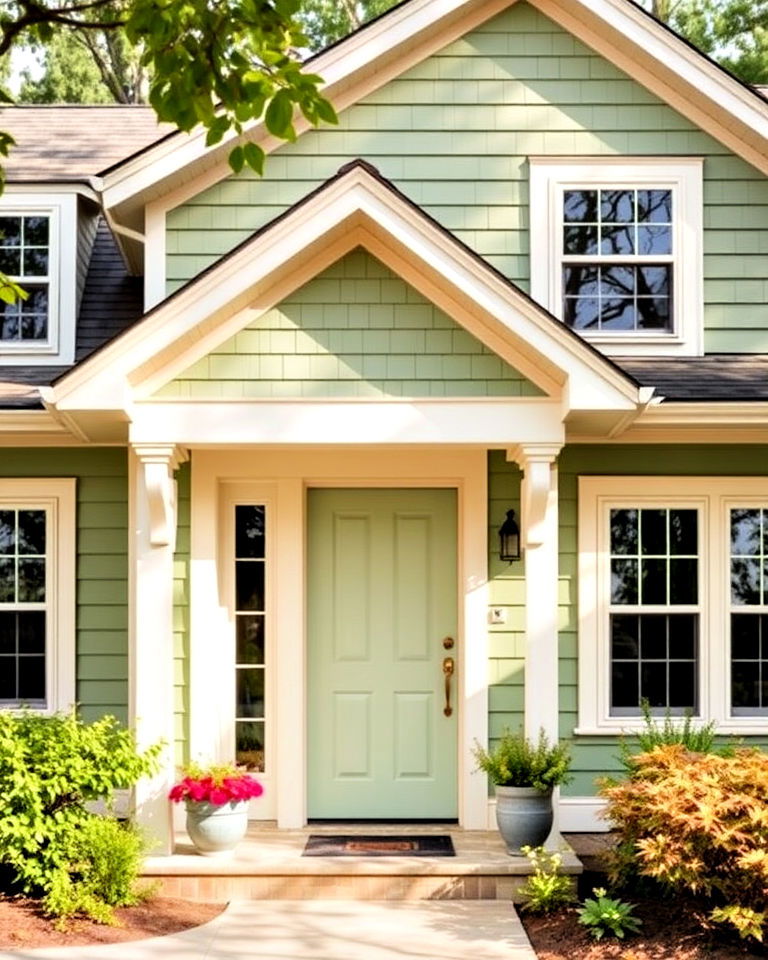 soft sage green siding with creamy white trim - 30 House Siding Colors