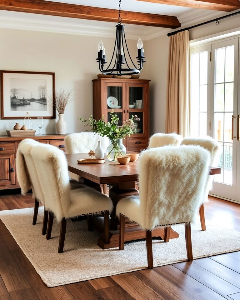 soft sheepskin throws cottagecore dining room - 40 Cottagecore Dining Room Ideas