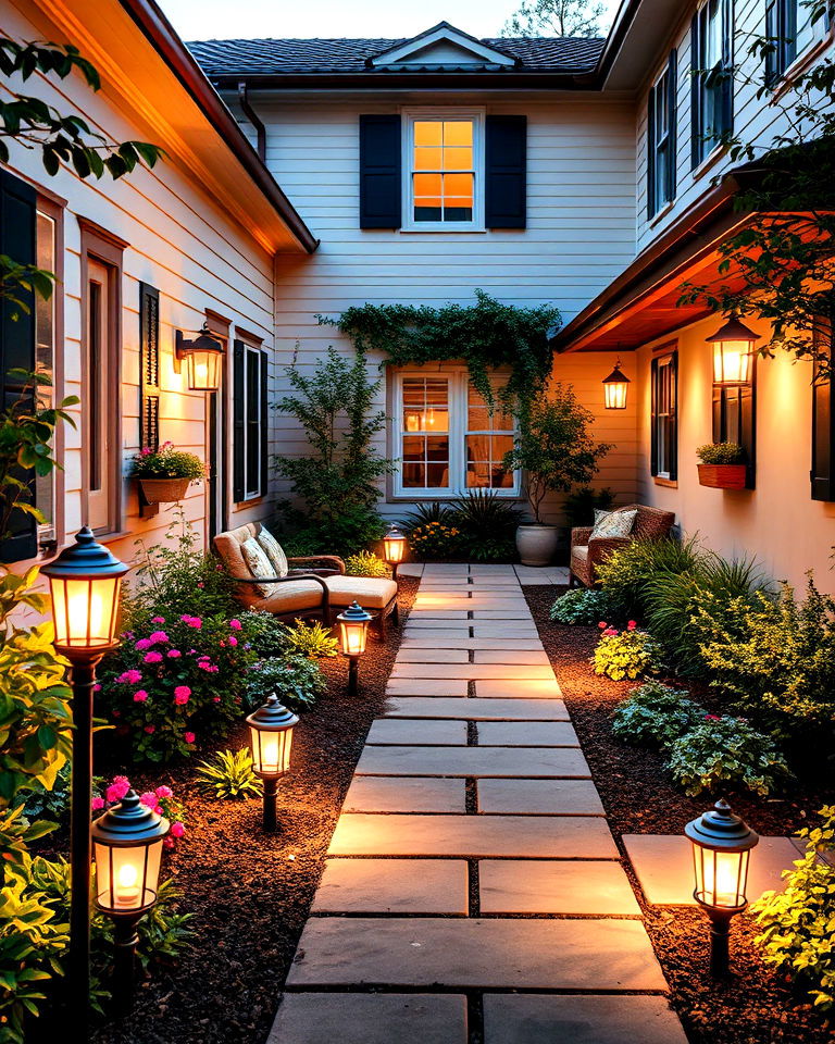 soft solar powered lights enhance your courtyards - 25 Front Yard Courtyard Ideas
