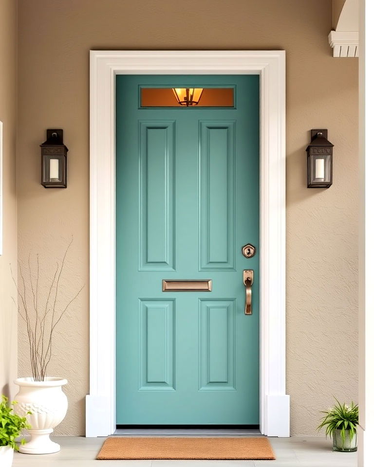 soft teal and neutral pairing front door - 25 Teal Front Door Ideas