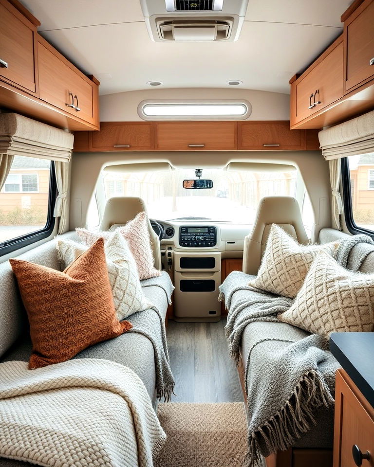 soft throw pillows and cozy blankets - 25 Rv Decorating Ideas