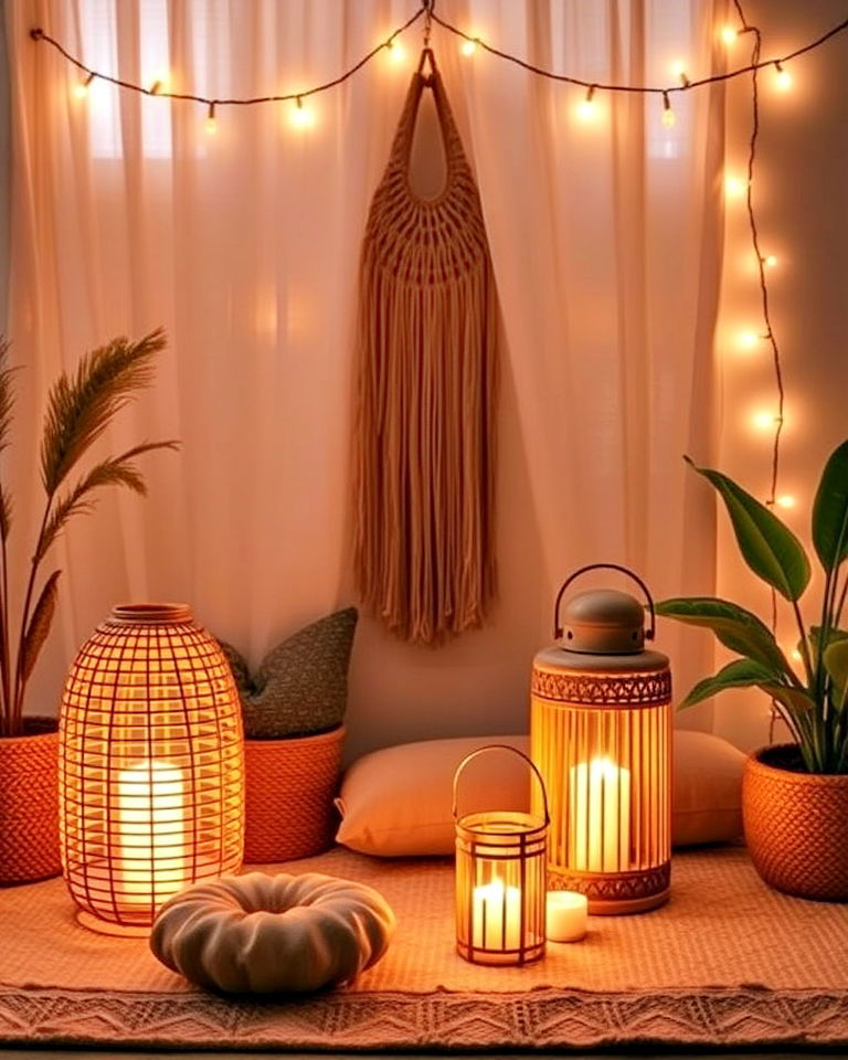 soft warm lighting with lanterns - 15 Boho Meditation Room Ideas