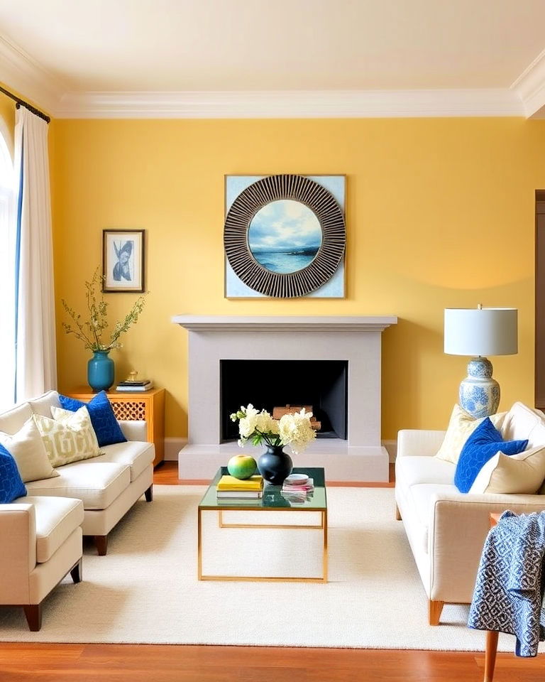soft yellow living room walls with blue decor accents - 20 Yellow and Blue Living Room Ideas