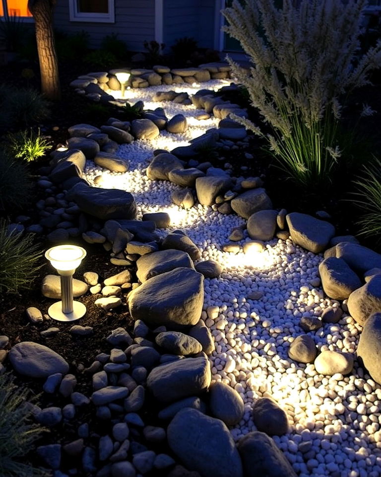 solar powered lights into dry creek bed - 25 Front Yard Dry Creek Bed Landscaping Ideas