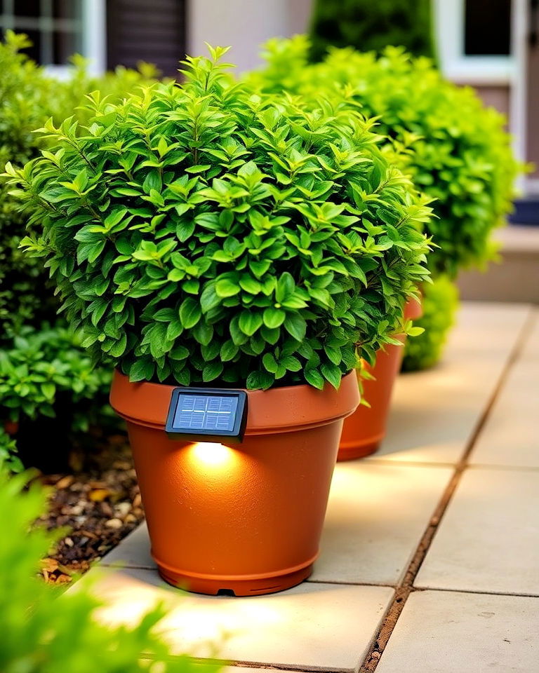 solar powered lights into the pots - 20 Front Yard Landscaping With Potted Plants