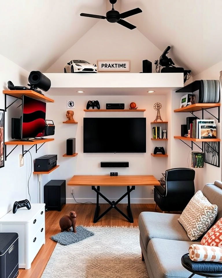 space saving wall mounted setup - 20 Loft Game Room Ideas