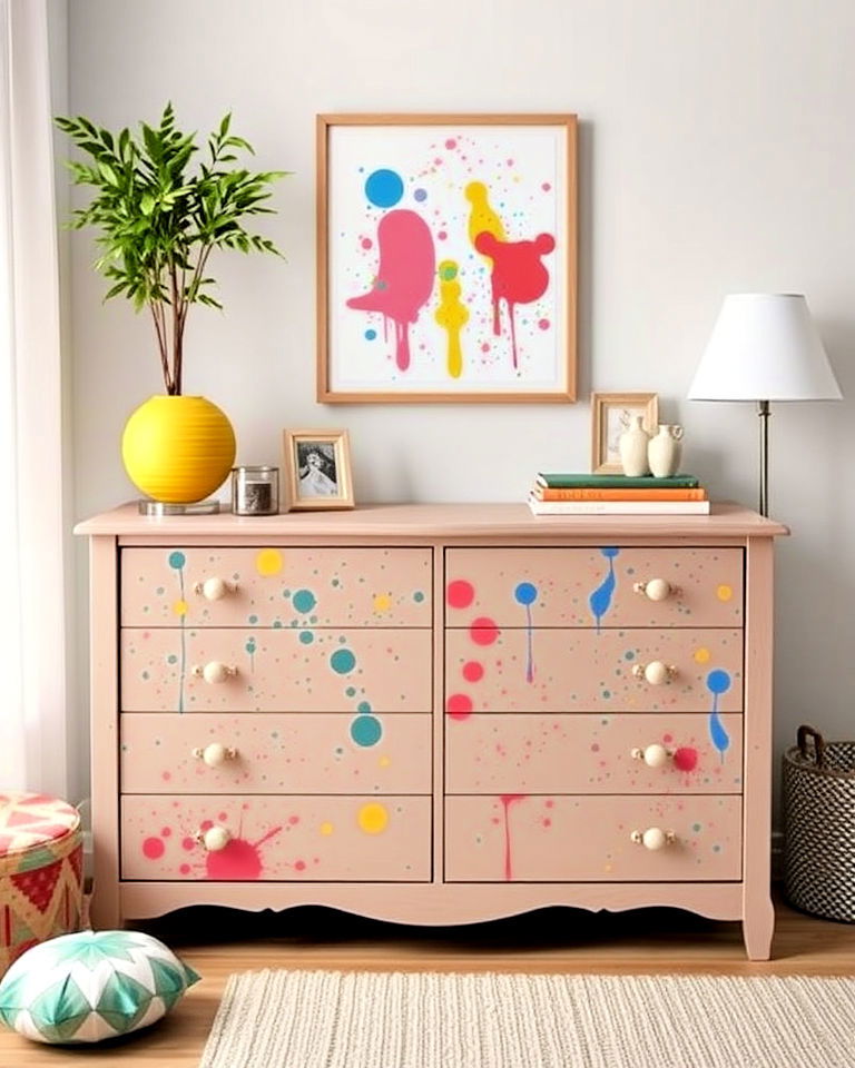 splatter paint technique on a dresser - 35 Painted Dresser Ideas