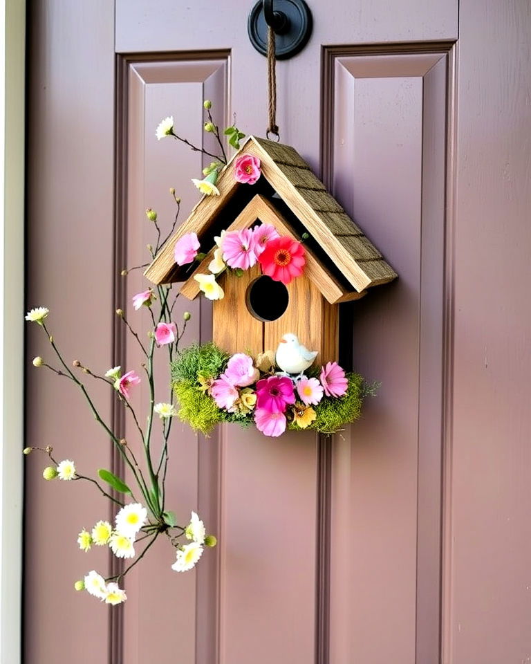 spring decorative birdhouse display - 15 Spring Front Door Decor Ideas