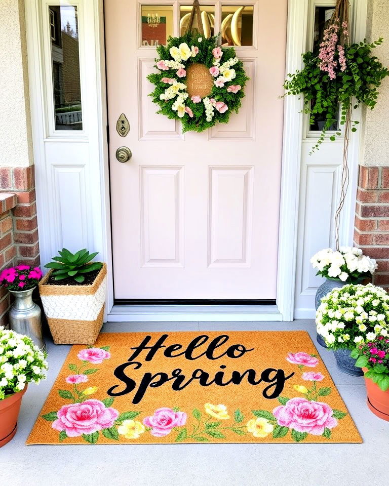 spring themed welcome mat - 15 Spring Front Door Decor Ideas