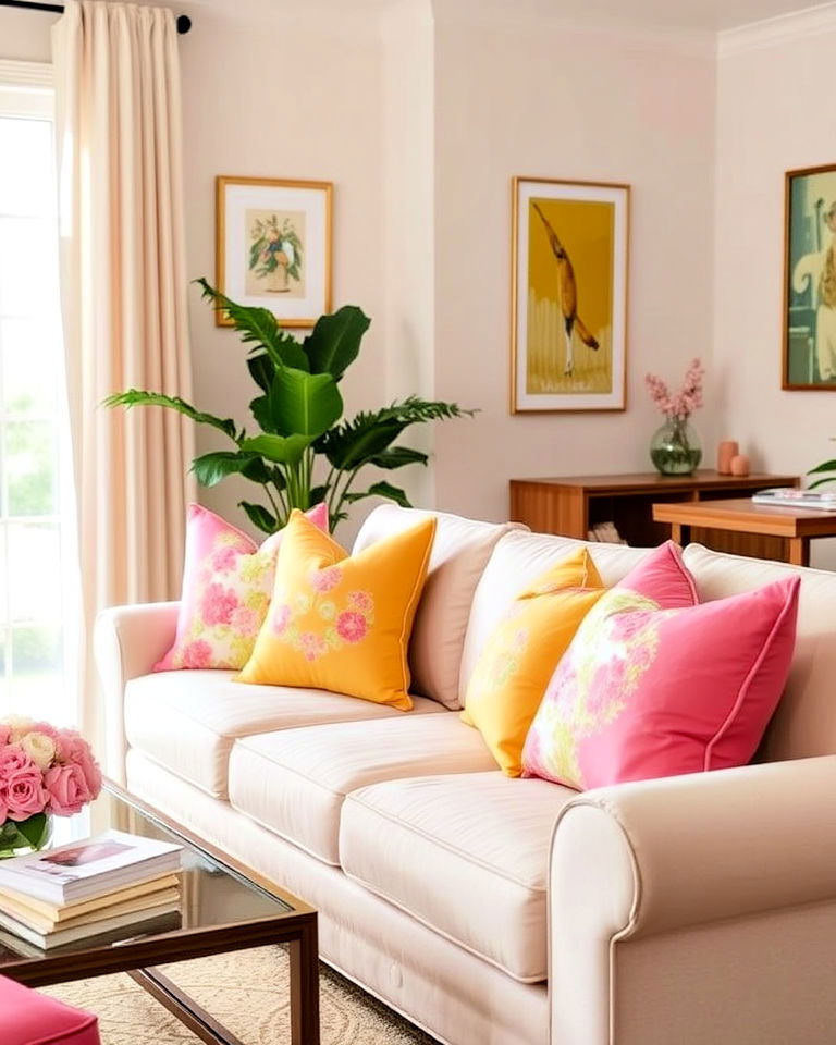 spruce up with throw pillows in yellow and pink - 25 How to Decorate With Yellow and Pink-captions