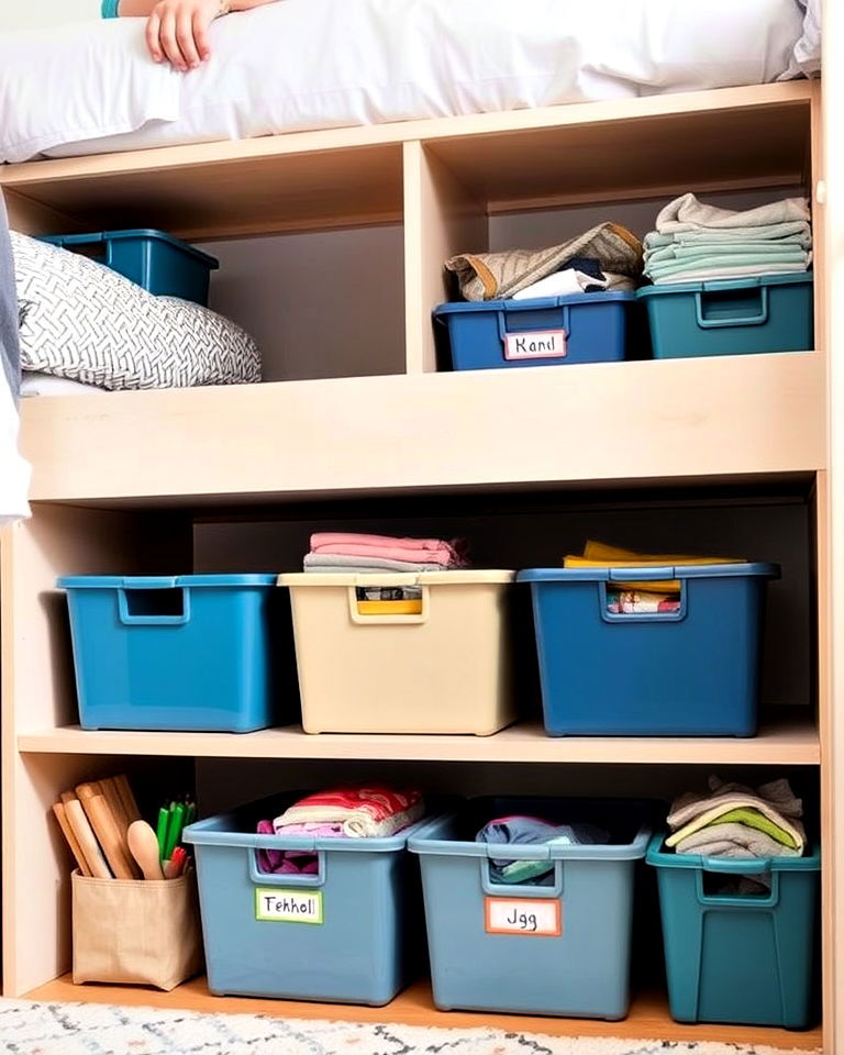 stackable storage bins for easy organization - 40 Shared Kids Room Design Ideas