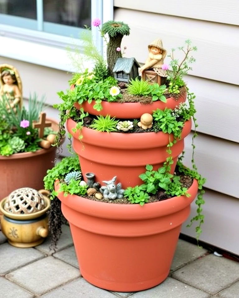 stacked planter fairy tower - 20 Fairy Garden Container Ideas