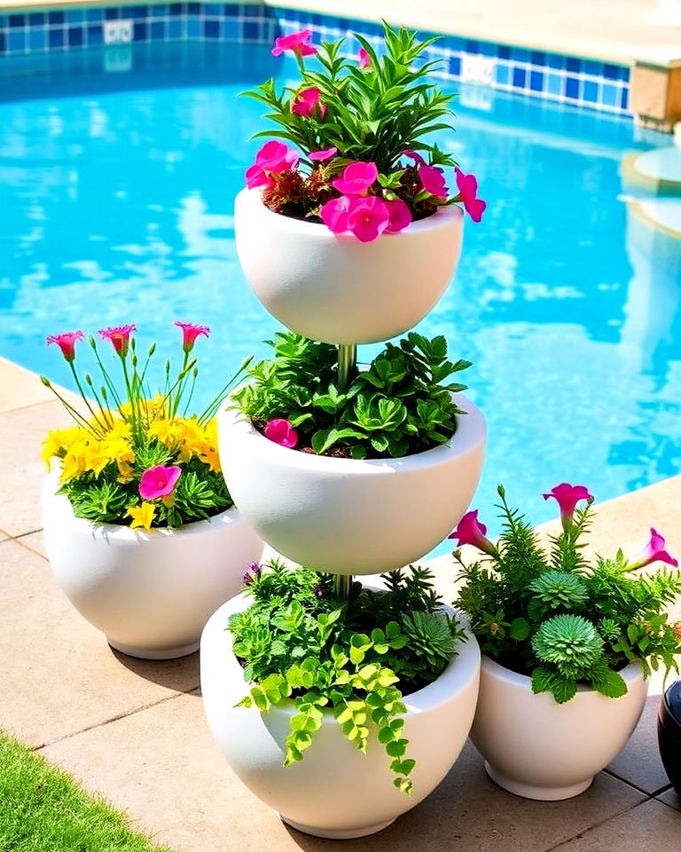stacked planters for tiered display - 25 Pool Planter Ideas