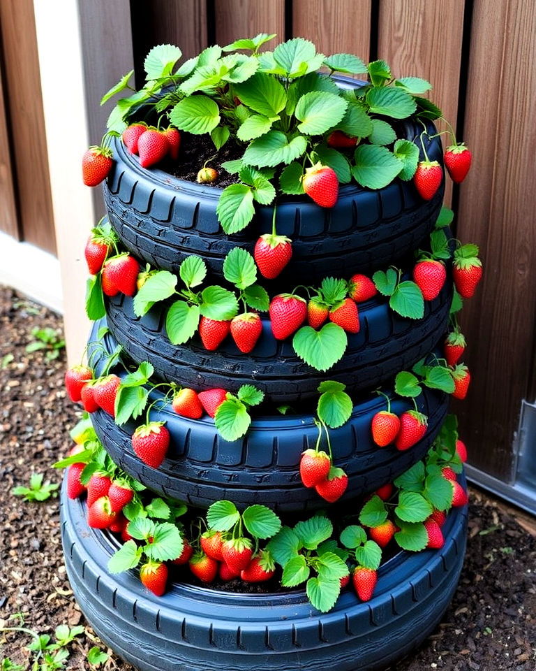 stacked strawberry tower using tires - 25 Tire Garden Ideas