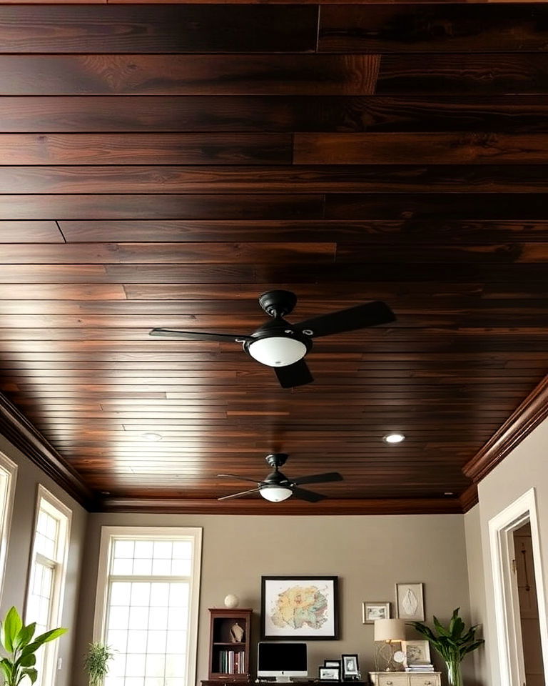 stained dark wood ceiling for home office - 15 Wood Plank Ceiling Ideas