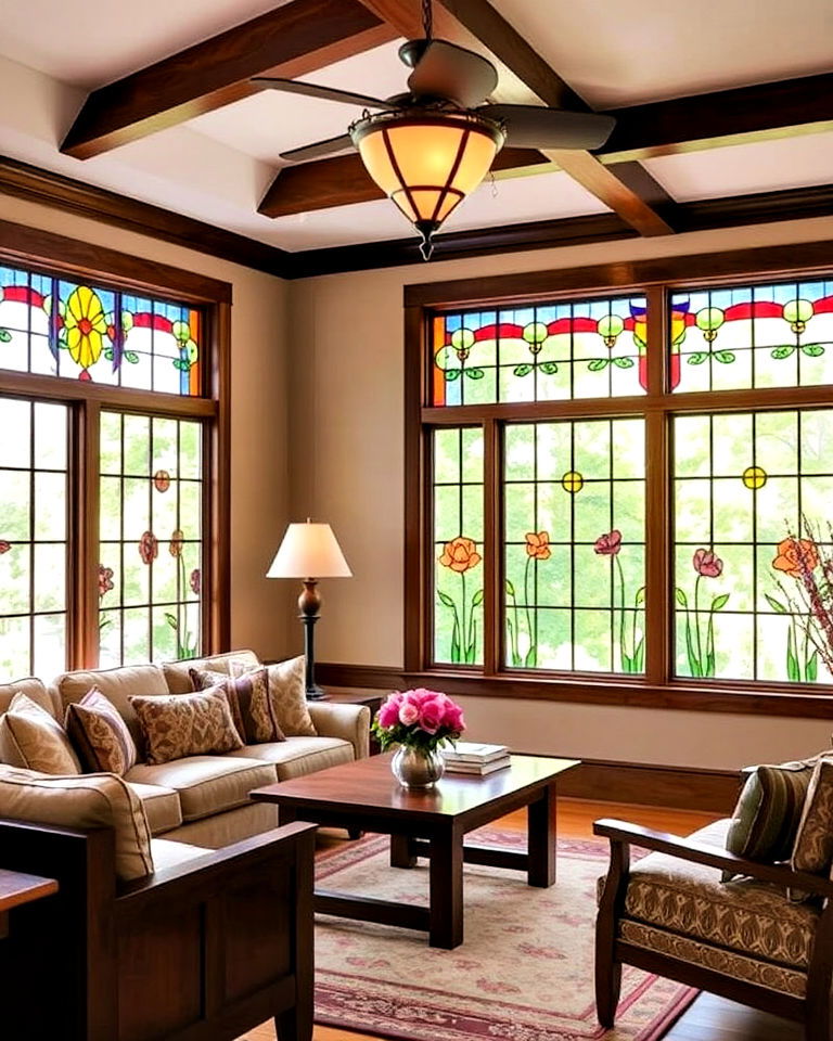 stained glass accents in windows living room - 25 Craftsman Living Room Ideas