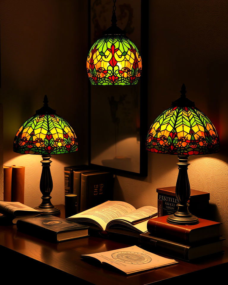 stained glass lamps study room - 15 Dark Academia Study Room Ideas