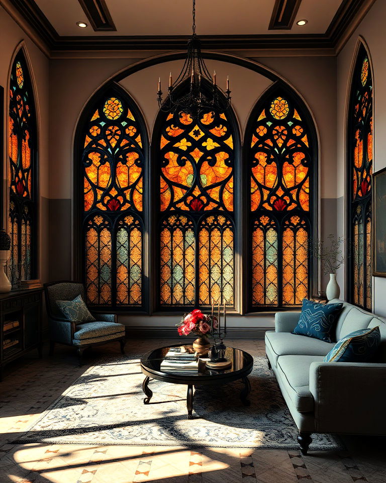 stained glass windows dark academia living room - 25 Dark Academia Living Room Ideas