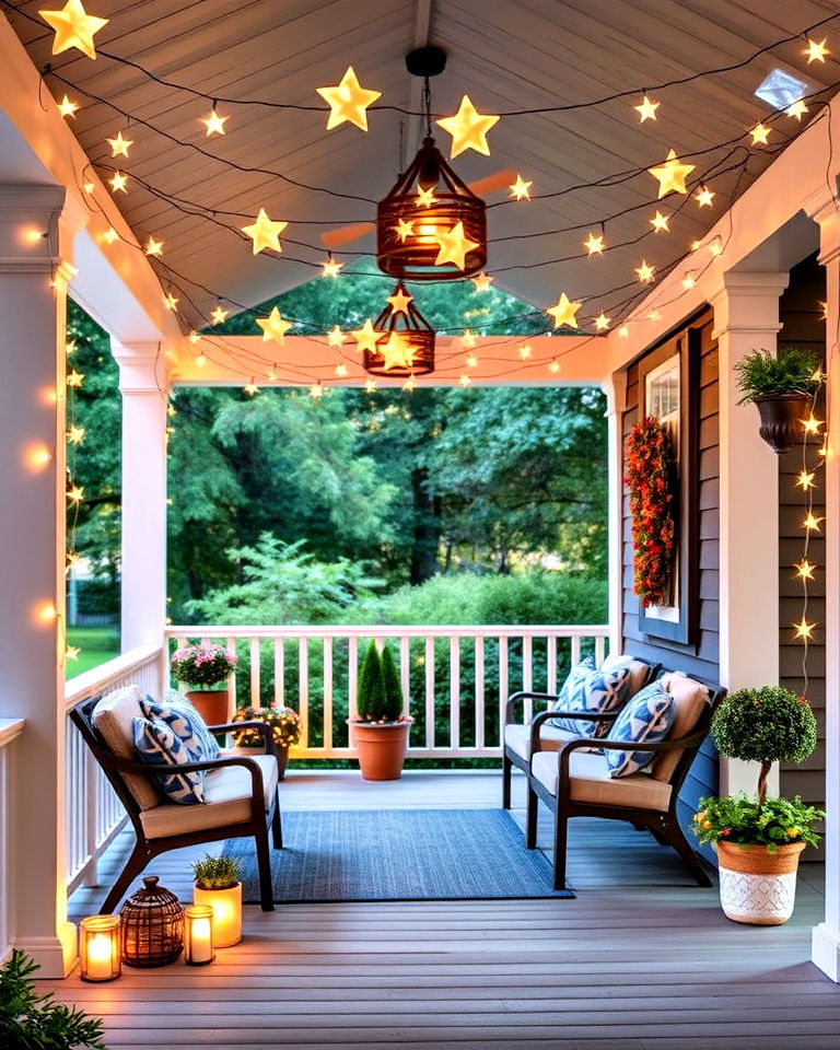 star shaped string lights for whimsical charm - 15 Front Porch String Lights Ideas