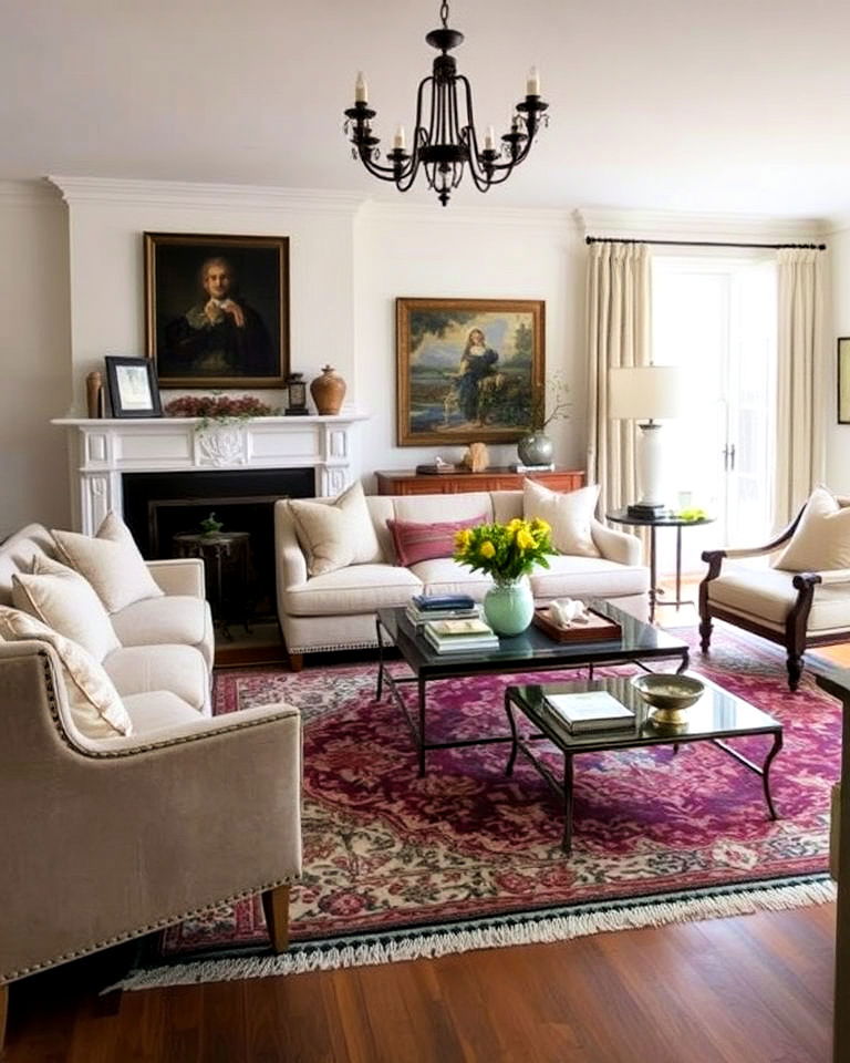 statement area rugs for bold contrast - 30 French Country Living Room Ideas