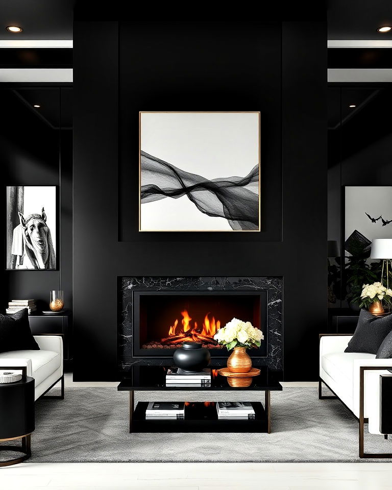 statement black fireplace - 20 Luxury Black and White Living Room Ideas
