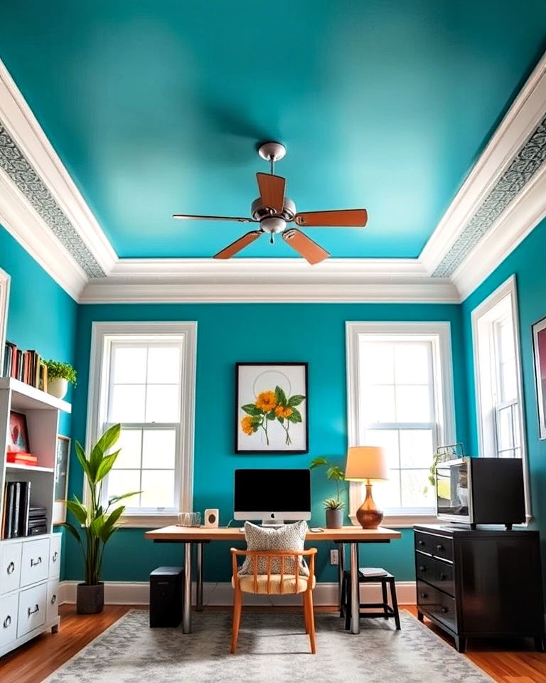 statement ceiling for home office - 30 Colorful Home Office Ideas