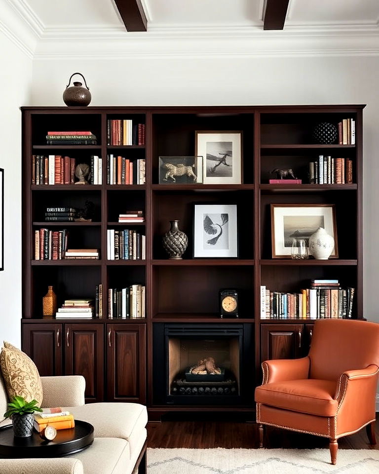 statement dark wood bookshelves for function and style - 15 Dark Wood Interior Design Ideas