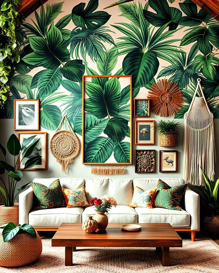 statement jungle inspired living room wall art - 15 Boho Jungle Living Room Ideas