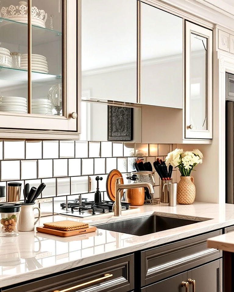 statement mirror as a backsplash for kitchen - 15 Mirror in Kitchen Ideas