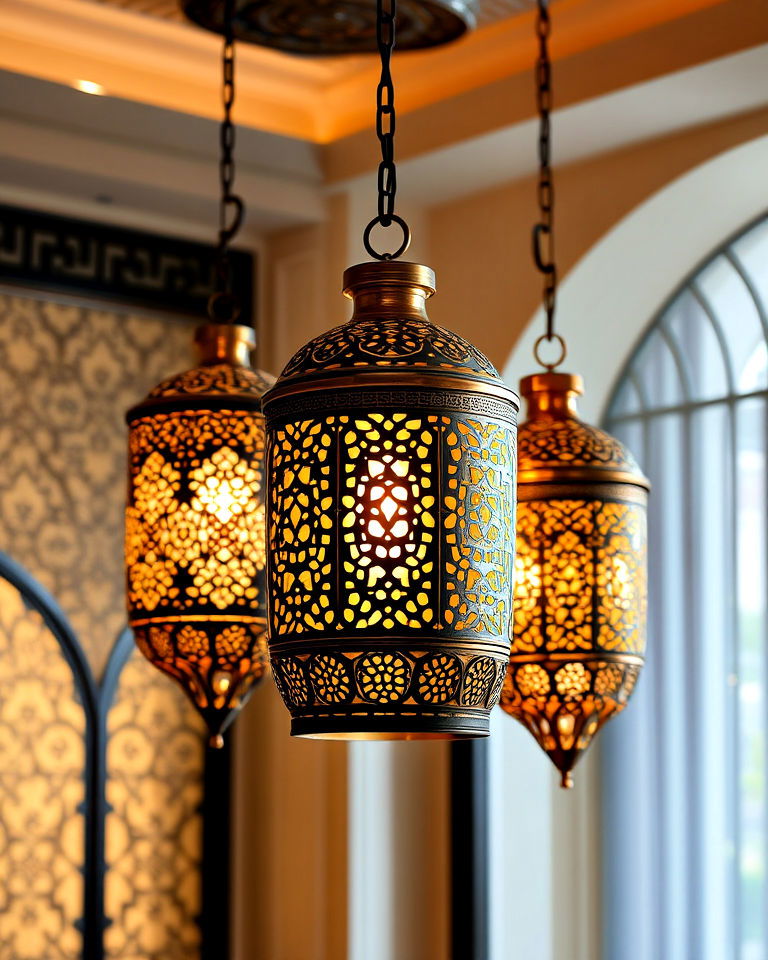 statement pendant lighting with intricate patterns - 15 Arabic Interior Design Ideas