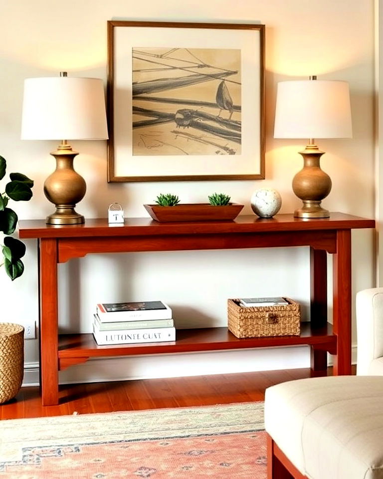 statement wooden console tables - 25 Craftsman Living Room Ideas