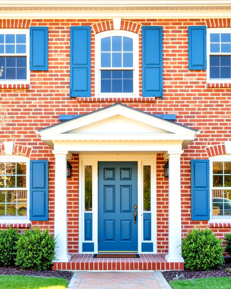 steel blue accents with bright white trim - 25 Blonde Brick House Color Schemes