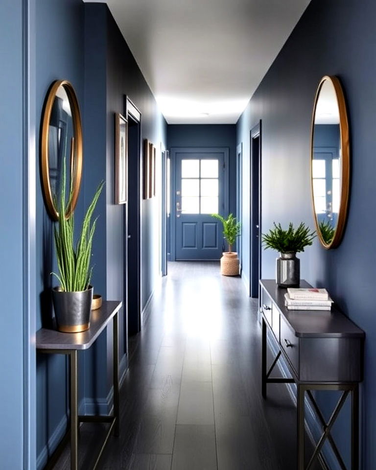 steel blue hallway for a cool modern edge - 25 Hallway Paint Colors