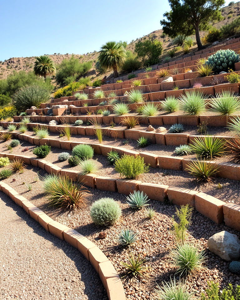 stepped terraces with gravel and plants - 25 Drought Tolerant Landscaping Ideas