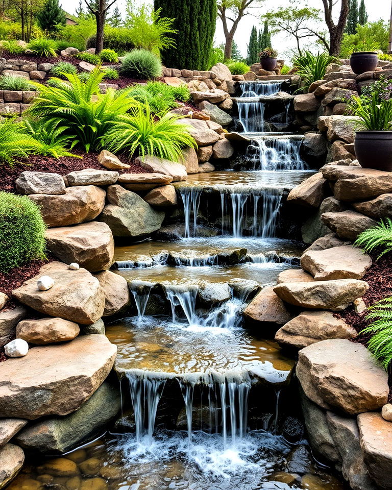 stepped waterfalls create a dynamic and calming focal point - 30 Terraced Garden Ideas