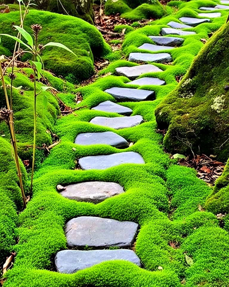 stepping stones in mossy terrain - 15 Woodland Garden Path Ideas