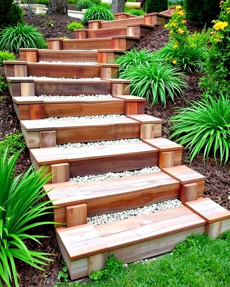 steps into sloped gardens using railroad ties - 15 Railroad Ties Landscaping Ideas