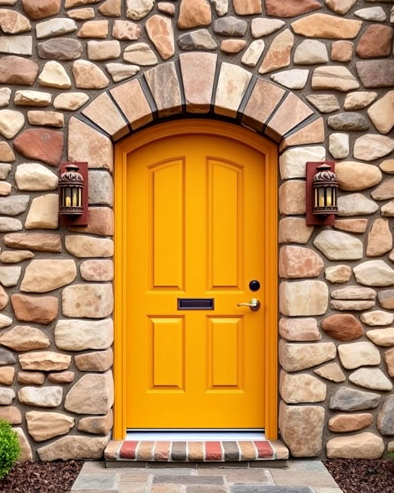 stone accents with mustard yellow door - 15 Mustard Yellow Front Door Ideas