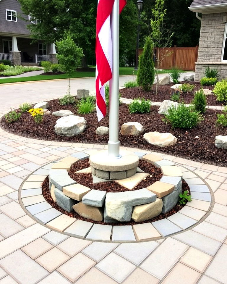 stone base residential flag pole landscaping - 20 Residential Flag Pole Landscaping Ideas