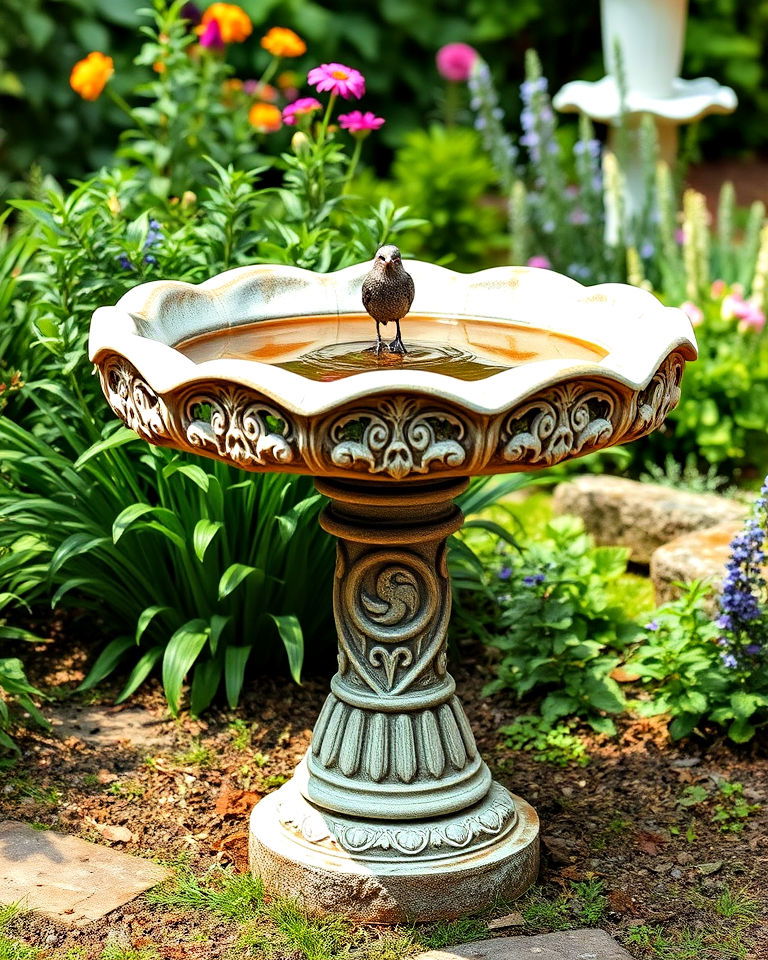 stone birdbaths with vintage details - 20 Vintage Garden Ideas