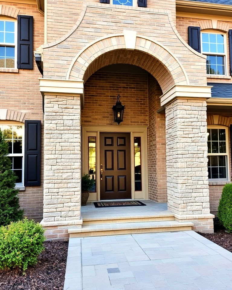 stone columns with beige brick exterior home - 25 Beige Brick Exterior Home Ideas