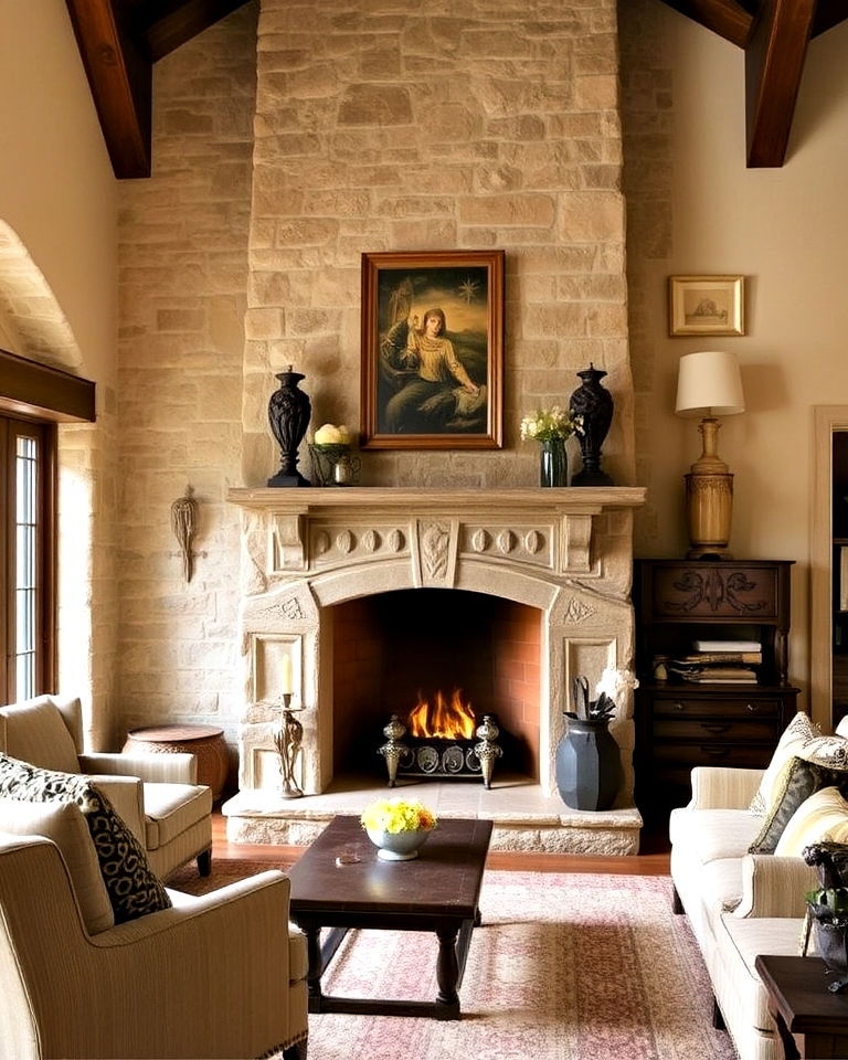 stone fireplaces anchor a tudor homes living space - 25 Tudor Style House Interior Ideas