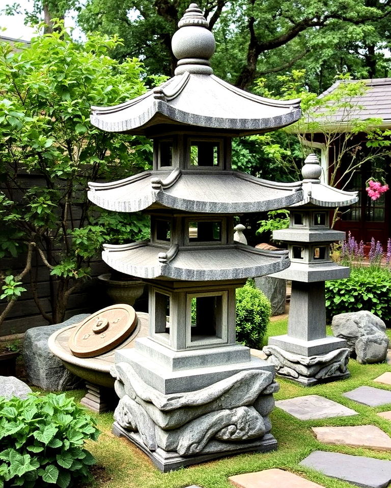 stone pagoda sculptures for asian garden - 25 Asian Landscaping Ideas