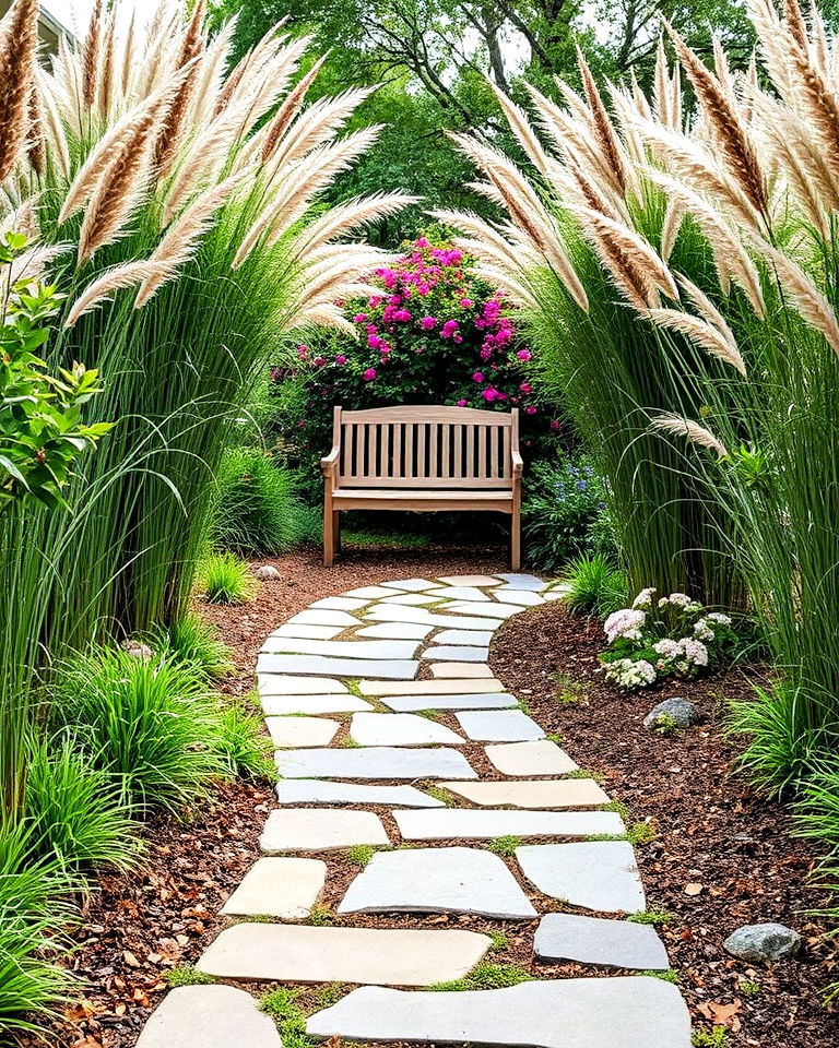 stone path leading to a hidden bench - 25 Front Yard Sitting Area Ideas
