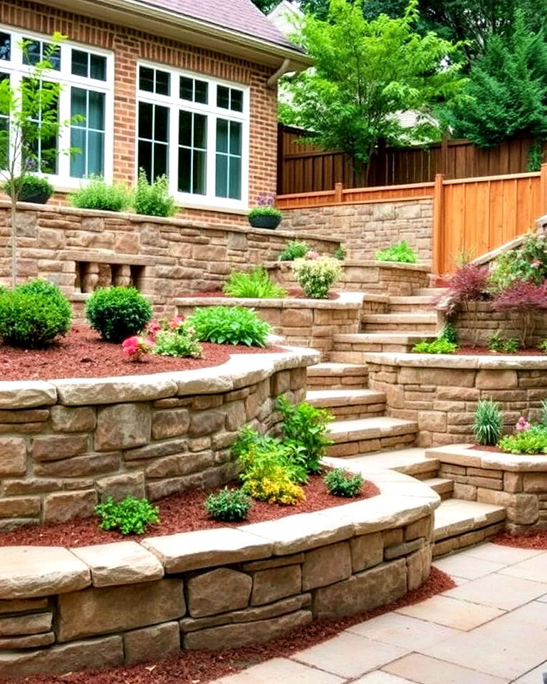 stone retaining walls add texture and structure to courtyard - 25 Front Yard Courtyard Ideas