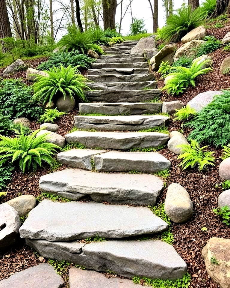 stone steps on a sloped pathway - 15 Woodland Garden Path Ideas