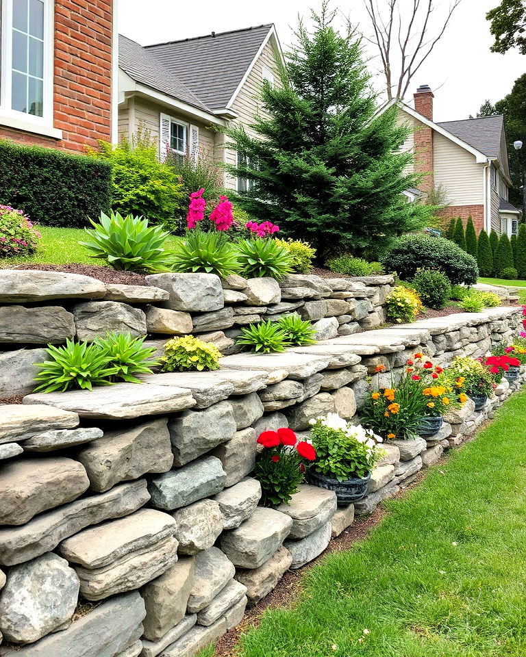 stone walls with plantings as a durable property boundary - 25 Property Line Landscaping Ideas