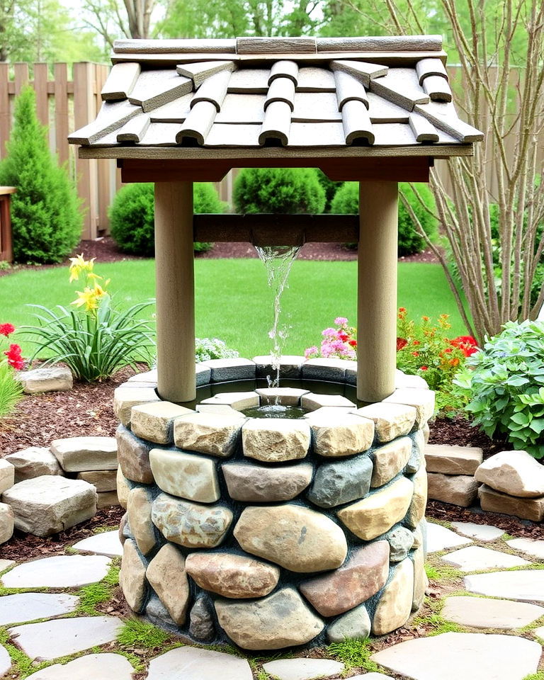 stone wishing well with water feature - 15 Outdoor Wishing Well Garden Ideas
