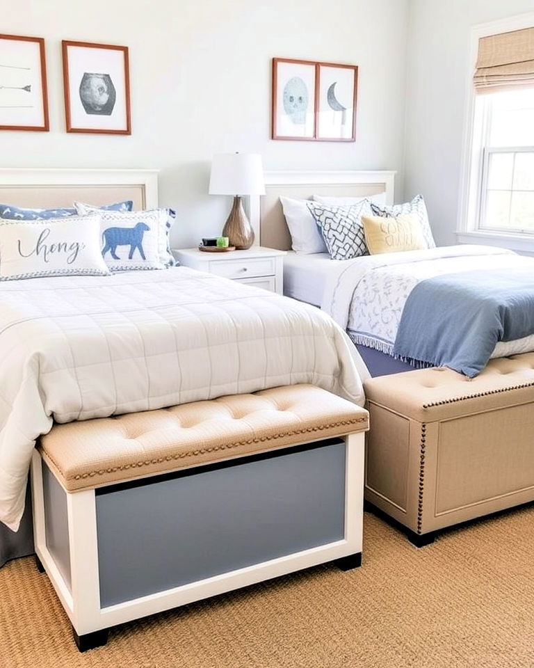 storage bench for multiuse seating - 40 Boy and Girl Shared Small Room Ideas