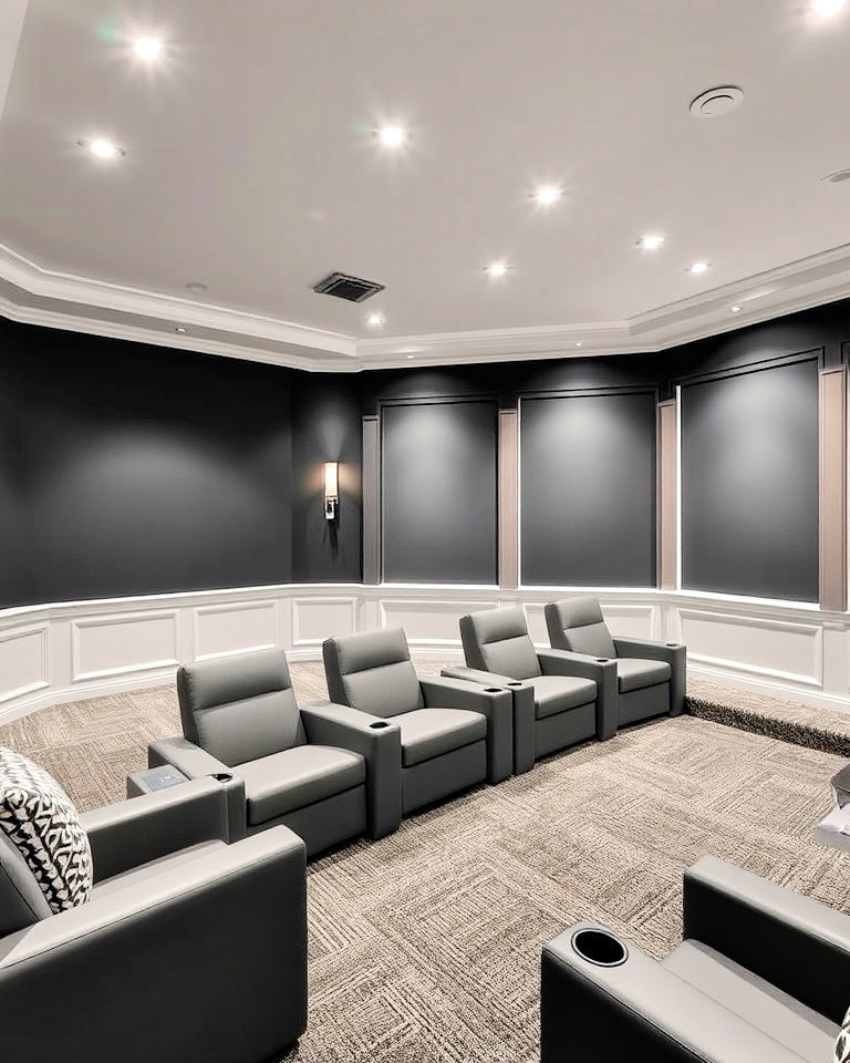 storm gray with contrasting white ceilings - 15 Gray Home Theater Paint Color Schemes
